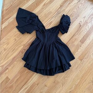 Black corset fairy dress puffy mini dress with ruffle sleeves off shoulder